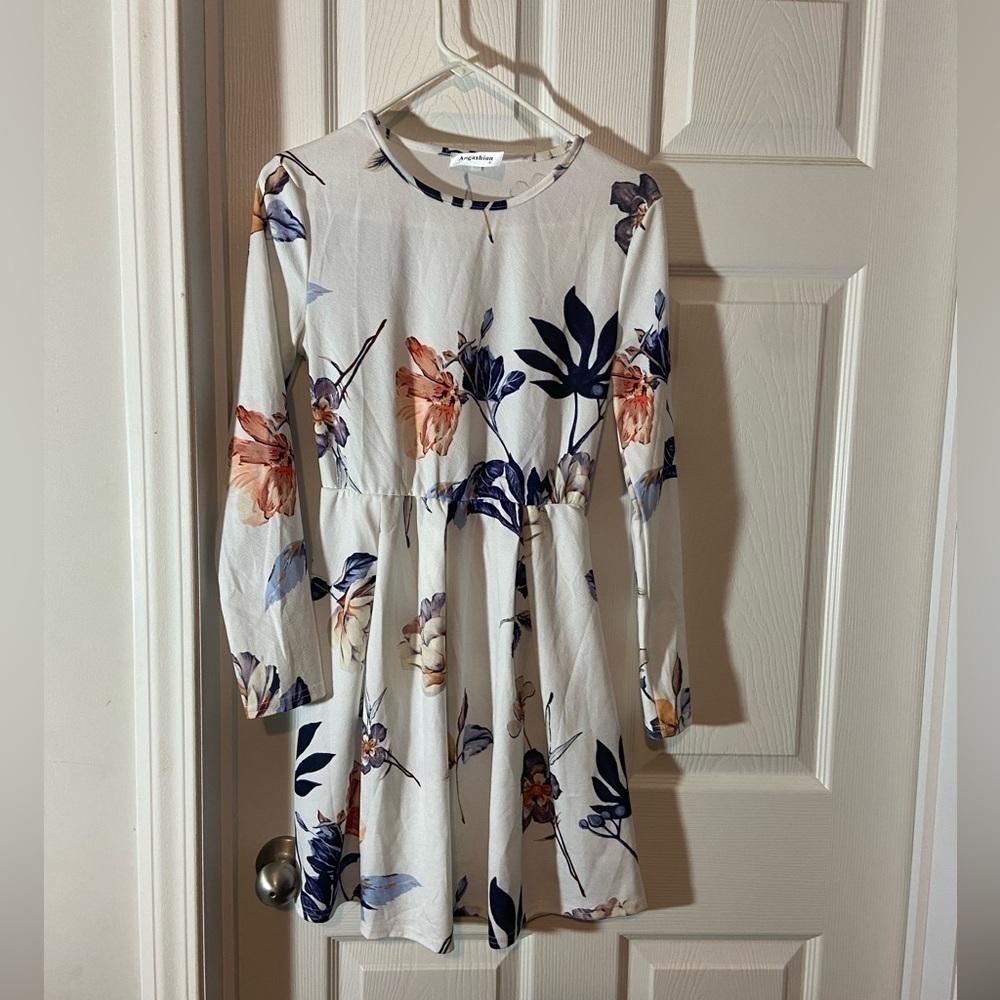 angashion womens dresses casual floral print long sleeve swing pleated a line SM